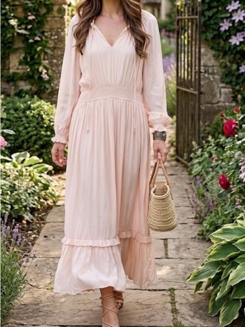 Zara Pleated Voluminous Dress, split v-neckline, long sleeves peachy pink L - Picture 1 of 6